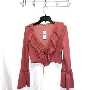 Mauve Pink Rose Ruffle Trim Flare Long Sleeve Tie Front Crop Top